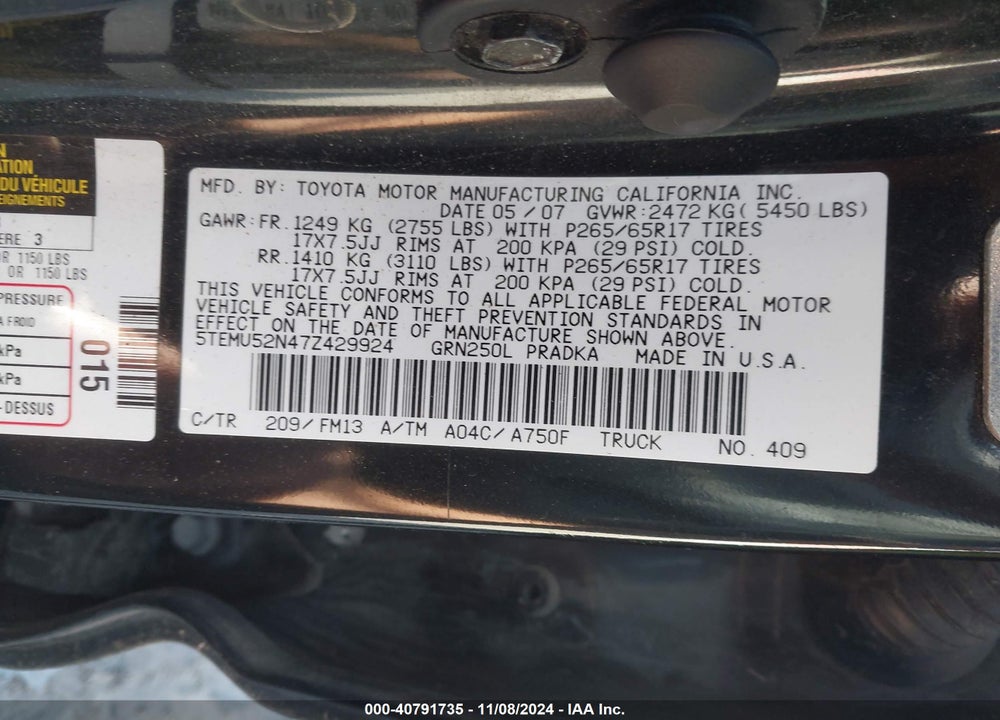 2007 TOYOTA TACOMA DOUBLE CAB LONG BED VIN: 5TEMU52N47Z429924
