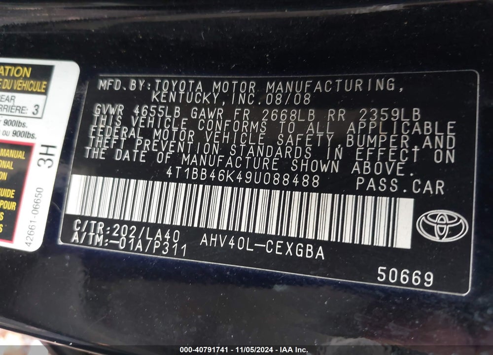 2009 TOYOTA CAMRY HYBRID VIN: 4T1BB46K49U088488
