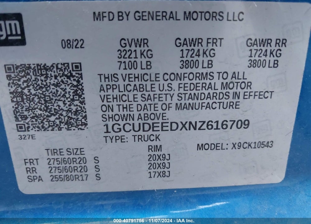 2022 CHEVROLET SILVERADO 1500 4WD SHORT BED RST VIN: 1GCUDEEDXNZ616709