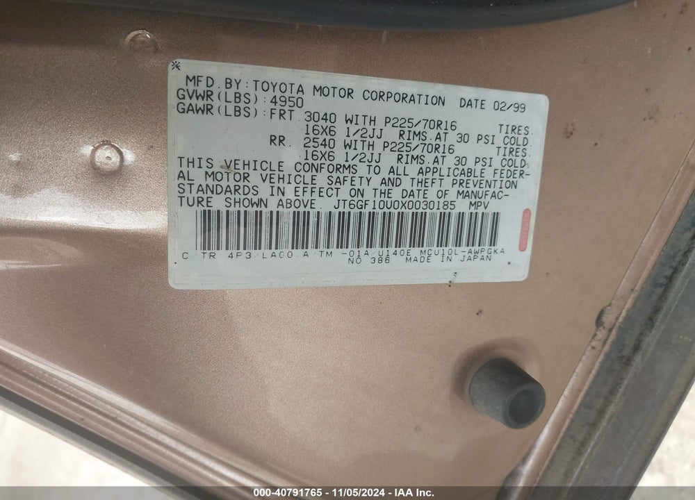 1999 LEXUS RX 300 VIN: JT6GF10U0X0030185