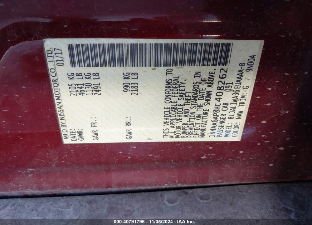 2017 NISSAN MAXIMA 3.5 SR VIN: 1N4AA6AP8HC408262