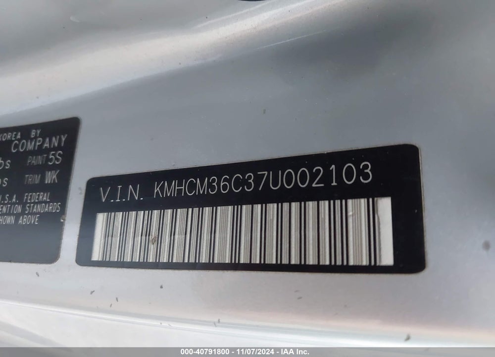 2007 HYUNDAI ACCENT GS VIN: KMHCM36C37U002103