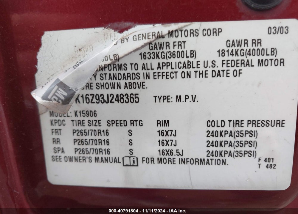 2003 CHEVROLET SUBURBAN 1500 LT VIN: 1GNFK16Z93J248365