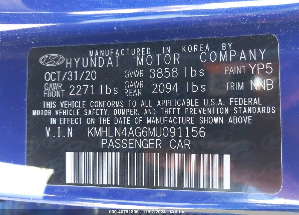2021 HYUNDAI ELANTRA SEL VIN: KMHLN4AG6MU091156