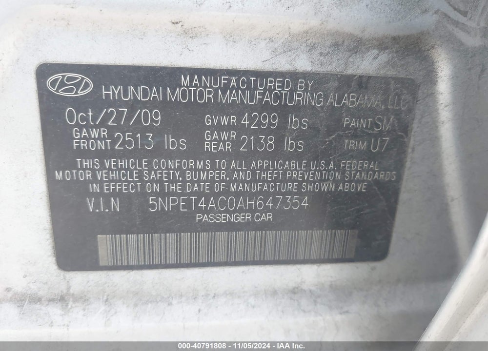 2010 HYUNDAI SONATA GLS VIN: 5NPET4AC0AH647354