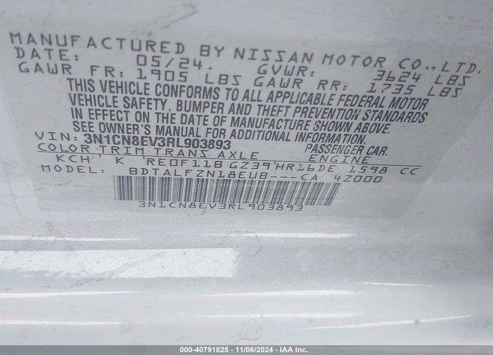 2024 NISSAN VERSA 1.6 SV VIN: 3N1CN8EV3RL903893