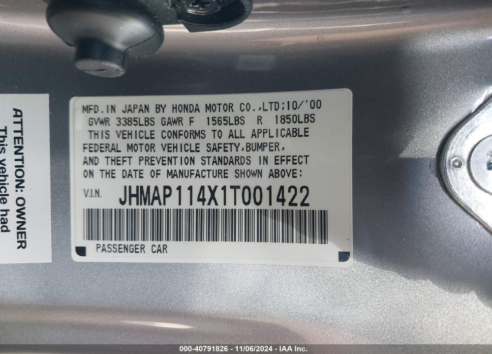 2001 HONDA S2000 VIN: JHMAP114X1T001422