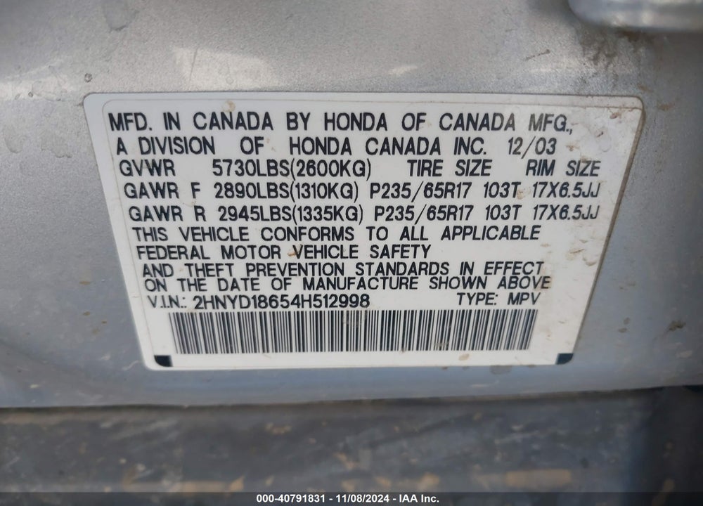 2004 ACURA MDX VIN: 2HNYD18654H512998