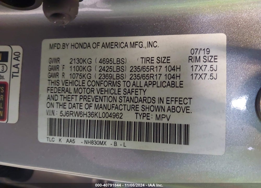 2019 HONDA CR-V LX VIN: 5J6RW6H36KL004962