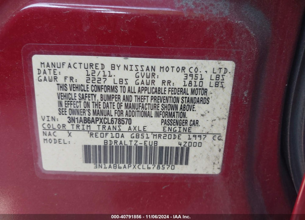 2012 NISSAN SENTRA 2.0 S VIN: 3N1AB6APXCL678570