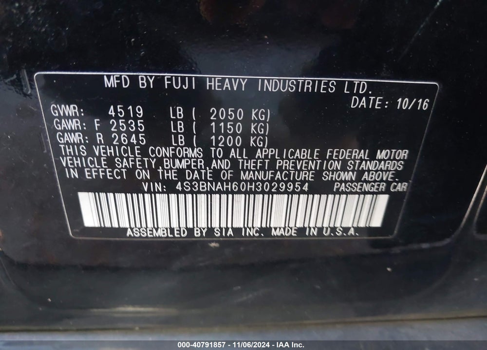 2017 SUBARU LEGACY 2.5I PREMIUM VIN: 4S3BNAH60H3029954