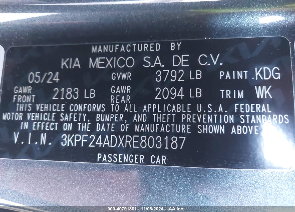 2024 KIA FORTE LXS VIN: 3KPF24ADXRE803187