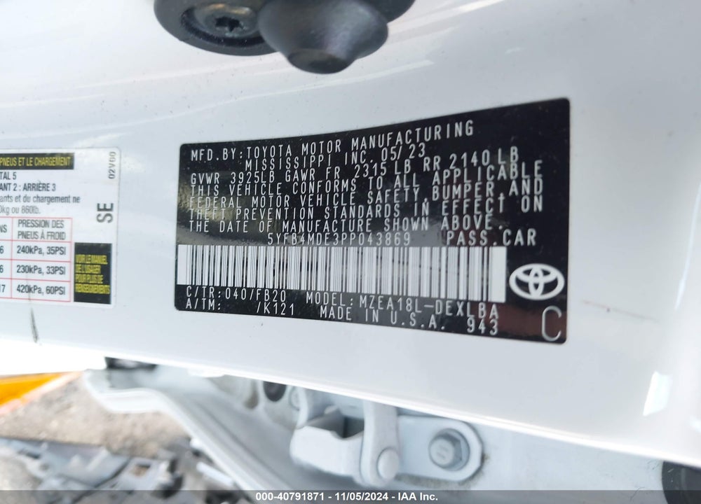 2023 TOYOTA COROLLA LE VIN: 5YFB4MDE3PP043869