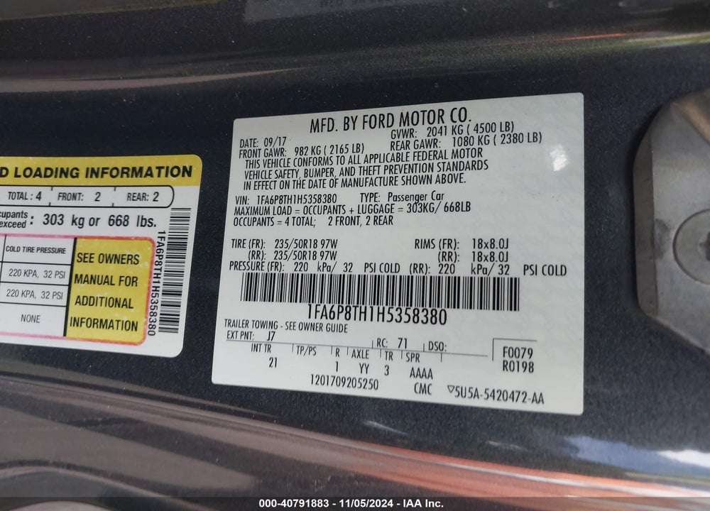 2017 FORD MUSTANG ECOBOOST VIN: 1FA6P8TH1H5358380