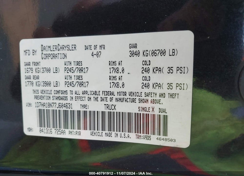 2007 DODGE RAM 1500 SLT VIN: 1D7HA18N77J604631
