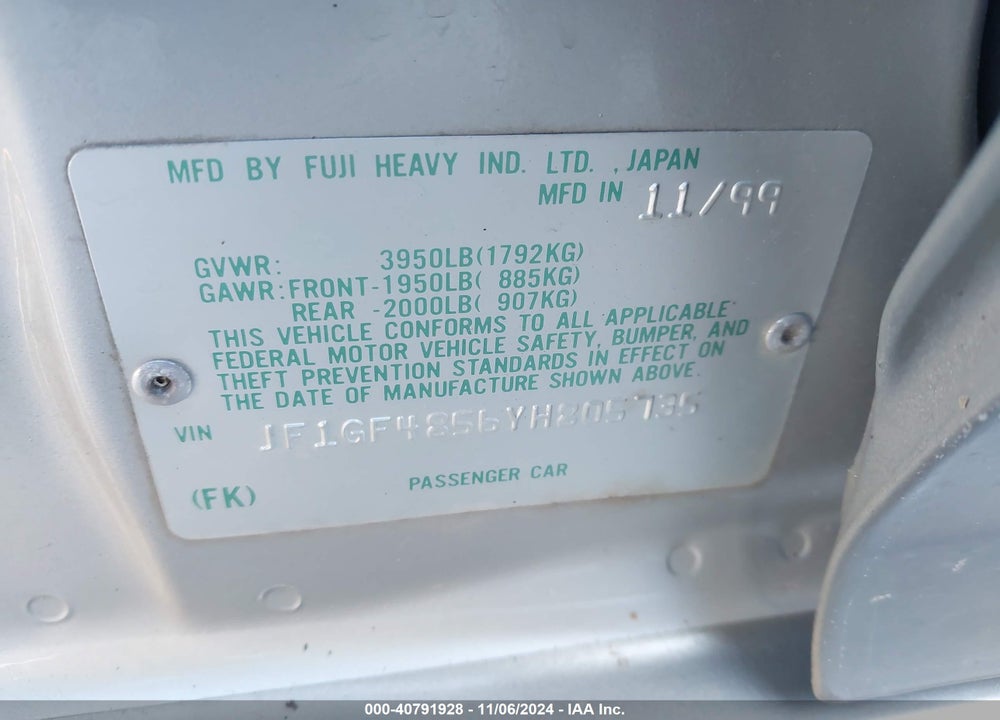 2000 SUBARU OUTBACK VIN: JF1GF4856YH805735