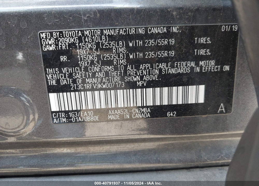2019 TOYOTA RAV4 XLE PREMIUM VIN: 2T3C1RFV9KW007173