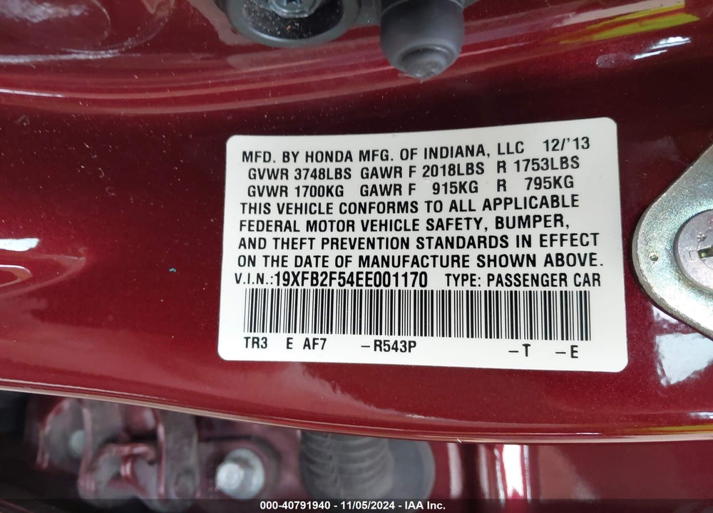 2014 HONDA CIVIC LX VIN: 19XFB2F54EE001170