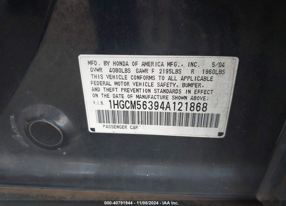 2004 HONDA ACCORD SDN LX VIN: 1HGCM56394A121868