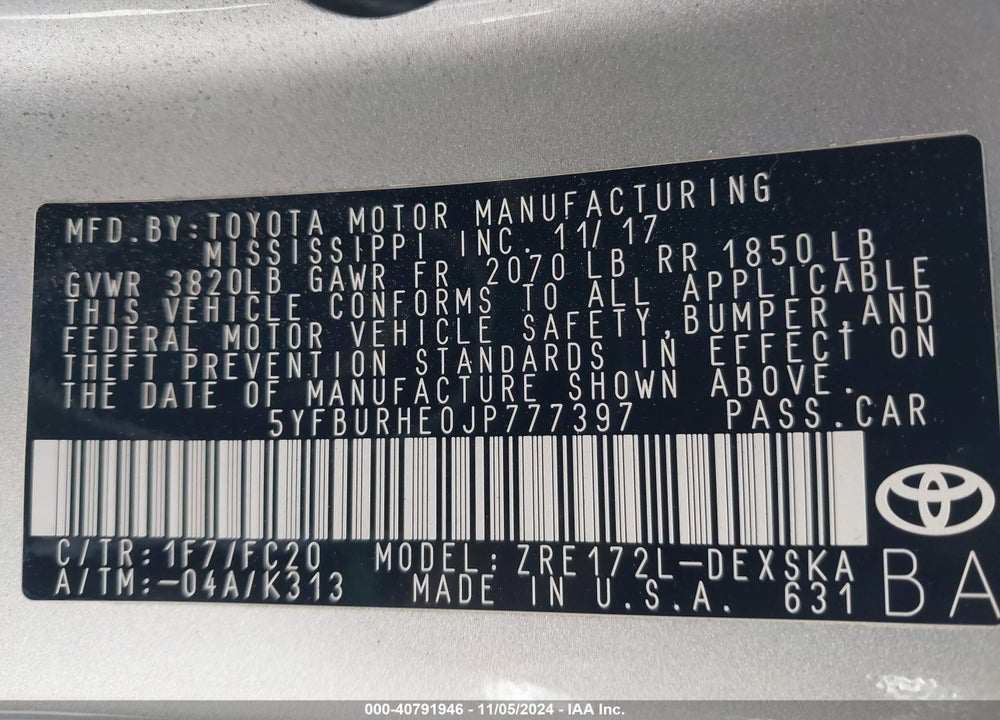 2018 TOYOTA COROLLA SE VIN: 5YFBURHE0JP777397
