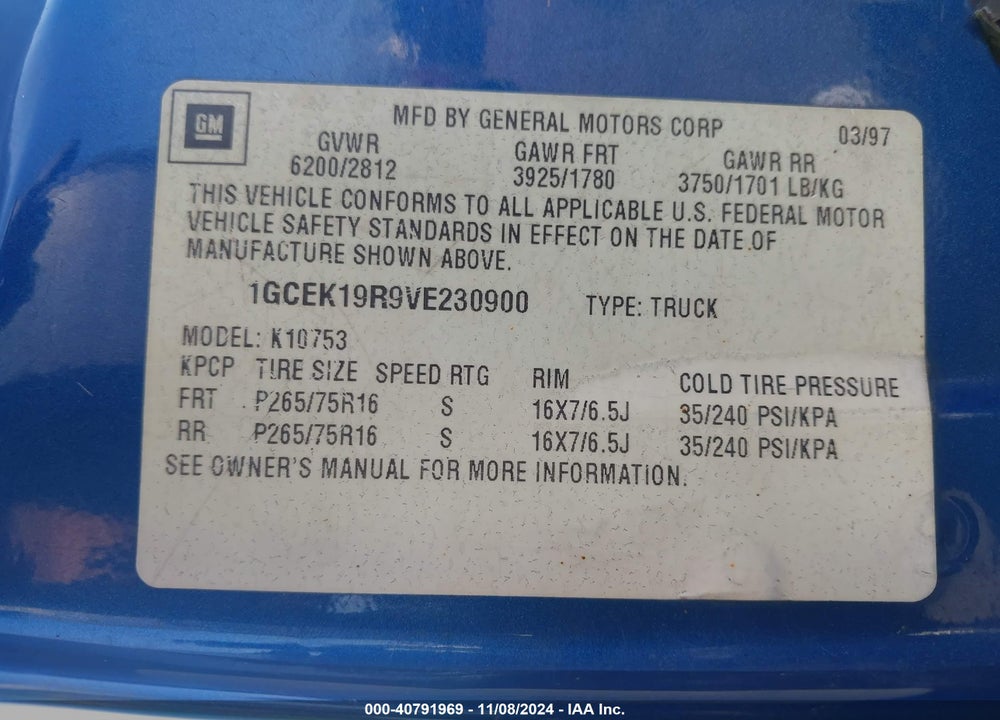 1997 CHEVROLET K1500 FLEETSIDE VIN: 1GCEK19R9VE230900