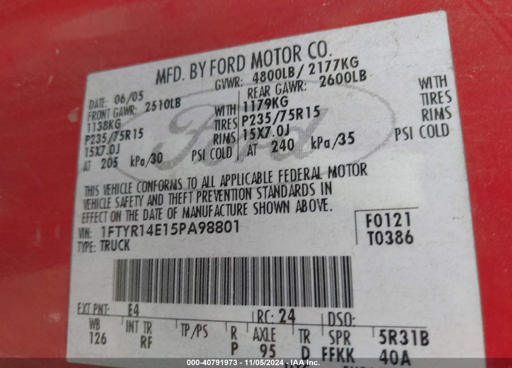2005 FORD RANGER EDGE/STX/XL/XLT VIN: 1FTYR14E15PA98801