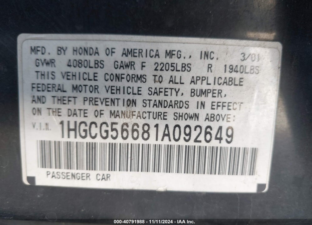 2001 HONDA ACCORD 2.3 EX VIN: 1HGCG56681A092649