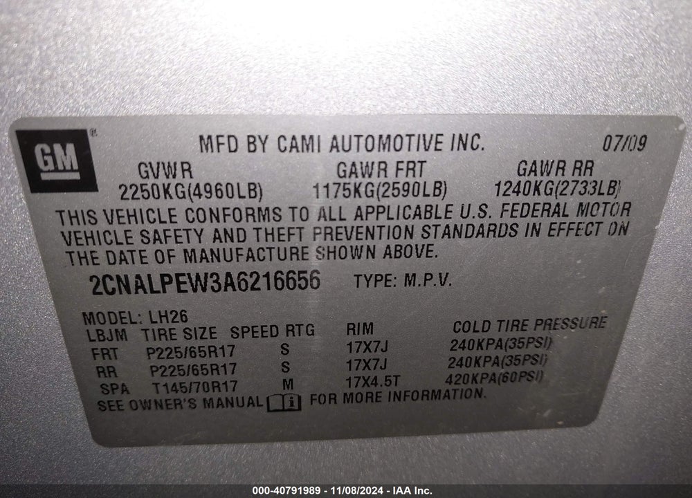 2010 CHEVROLET EQUINOX LT VIN: 2CNALPEW3A6216656