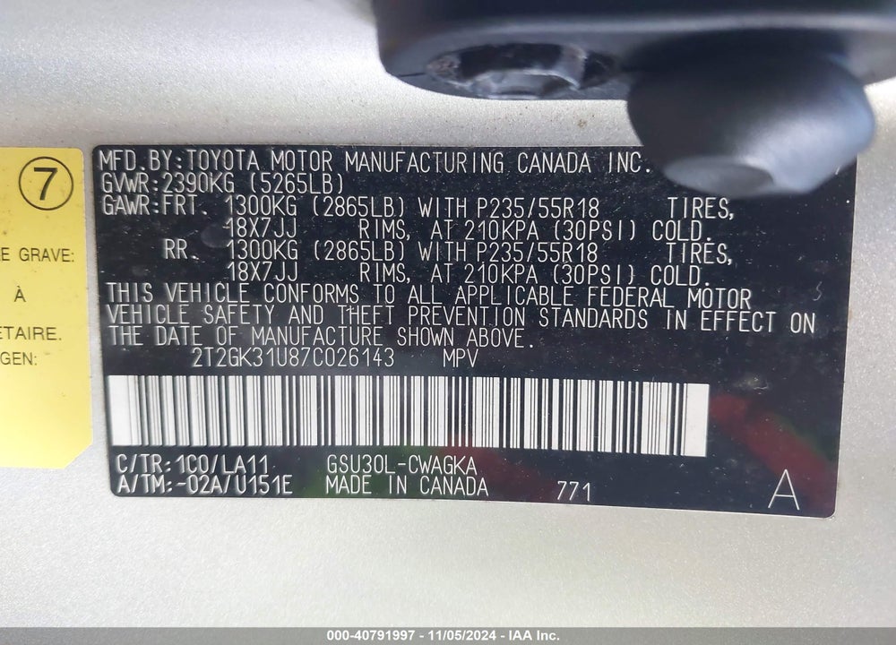 2007 LEXUS RX 350 VIN: 2T2GK31U87C026143