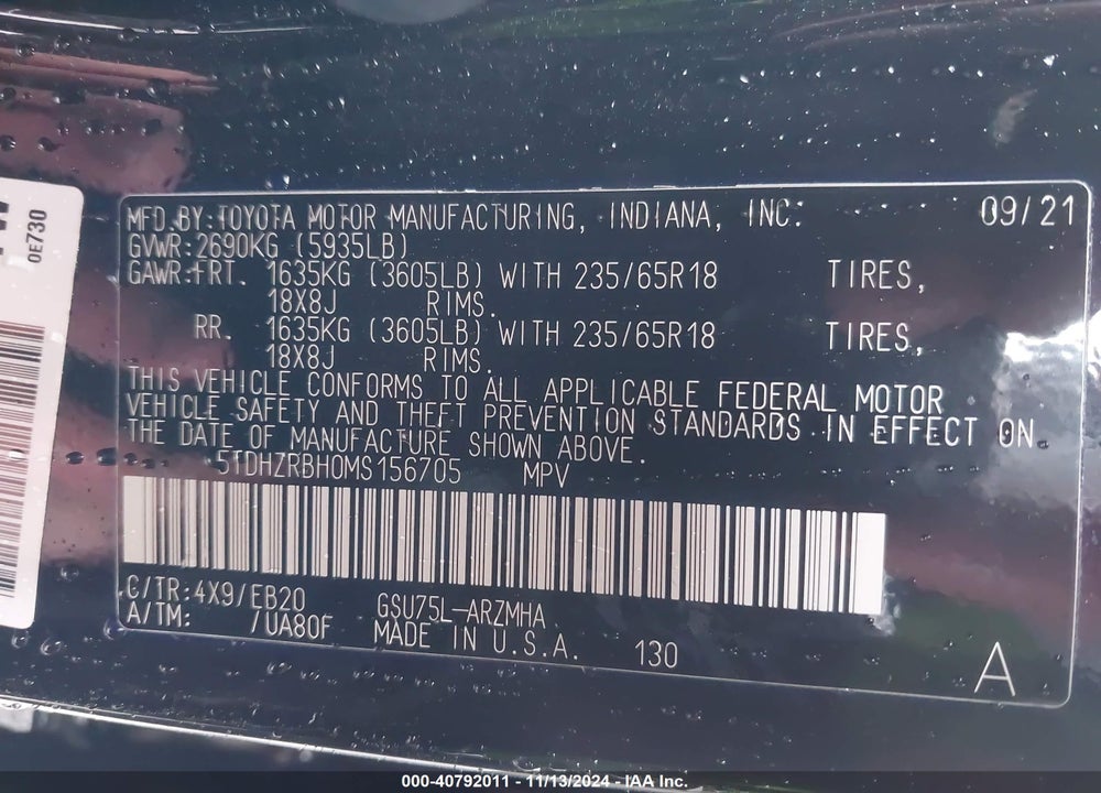 2021 TOYOTA HIGHLANDER XLE VIN: 5TDHZRBH0MS156705