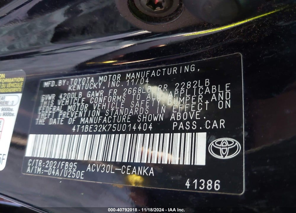 2005 TOYOTA CAMRY LE VIN: 4T1BE32K75U014404