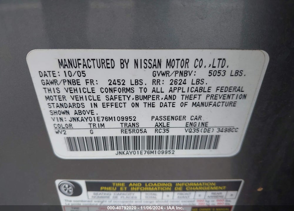 2006 INFINITI M35 VIN: JNKAY01E76M109952