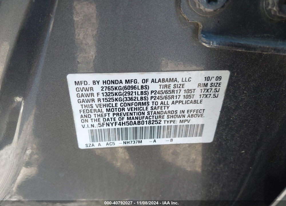 2010 HONDA PILOT EX-L VIN: 5FNYF4H50AB018252