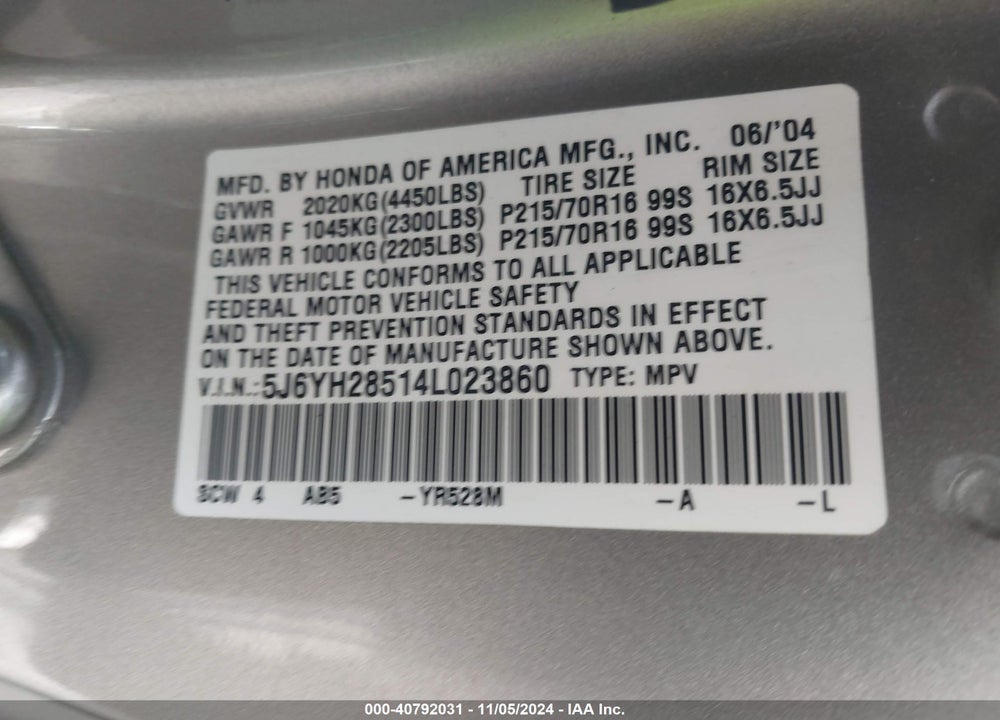 2004 HONDA ELEMENT EX VIN: 5J6YH28514L023860
