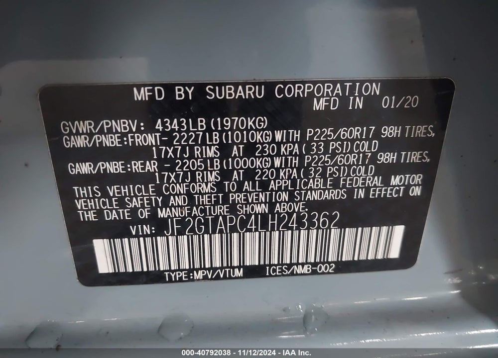 2020 SUBARU CROSSTREK PREMIUM VIN: JF2GTAPC4LH243362