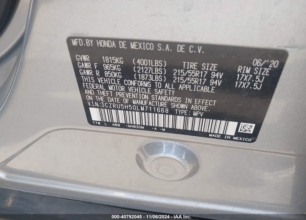 2020 HONDA HR-V 2WD EX VIN: 3CZRU5H50LM711668