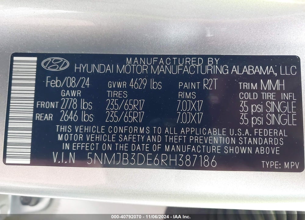 2024 HYUNDAI TUCSON SEL VIN: 5NMJB3DE6RH387186