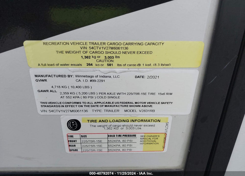 2021 WINNEBAGO VOYAGE MODEL # 2831R VIN: 54CTV1V27M6061136