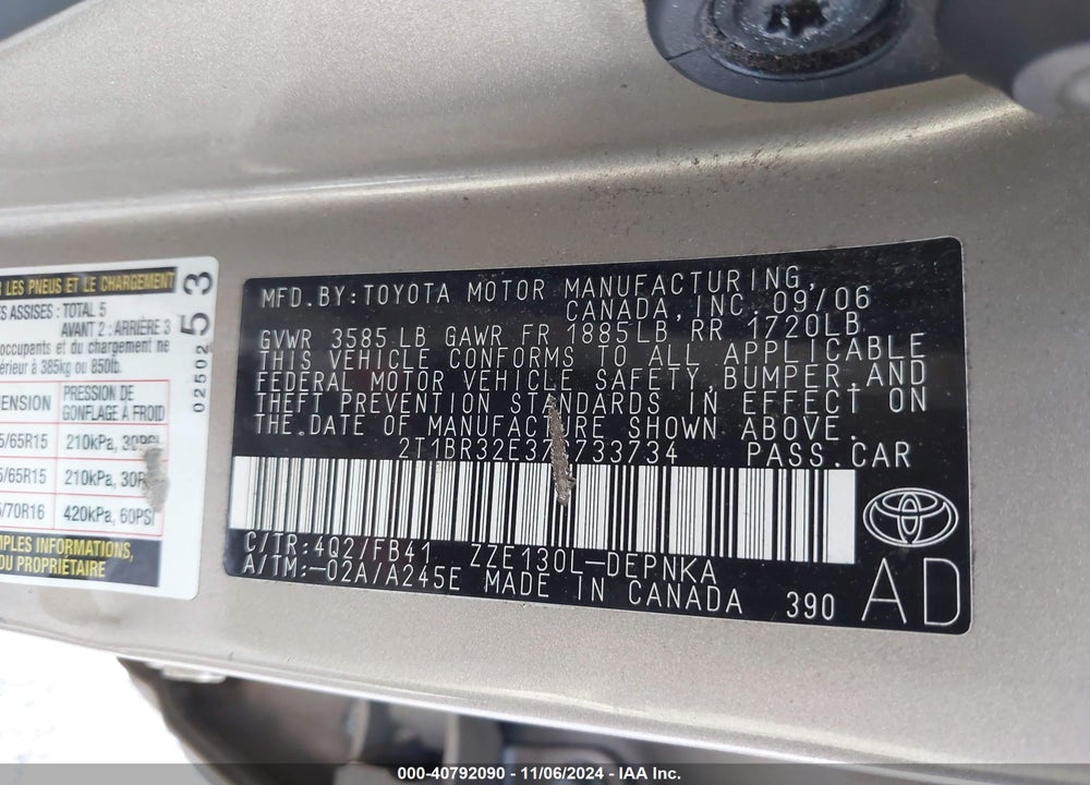 2007 TOYOTA COROLLA LE VIN: 2T1BR32E37C733734