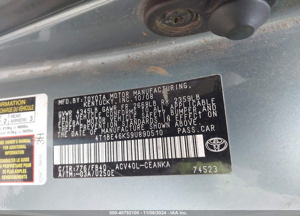 2009 TOYOTA CAMRY LE VIN: 4T1BE46K59U890510