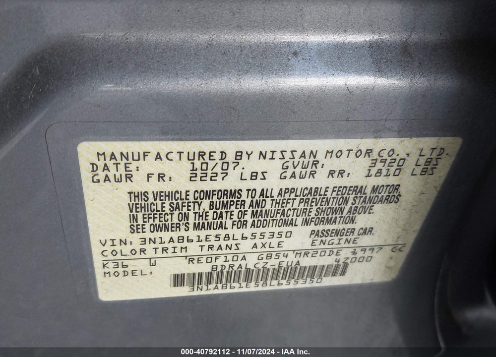 2008 NISSAN SENTRA 2.0 VIN: 3N1AB61E58L655350