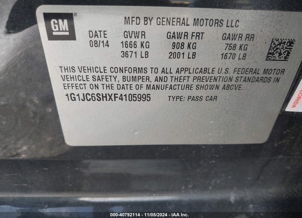 2015 CHEVROLET SONIC LT AUTO VIN: 1G1JC6SHXF4105995