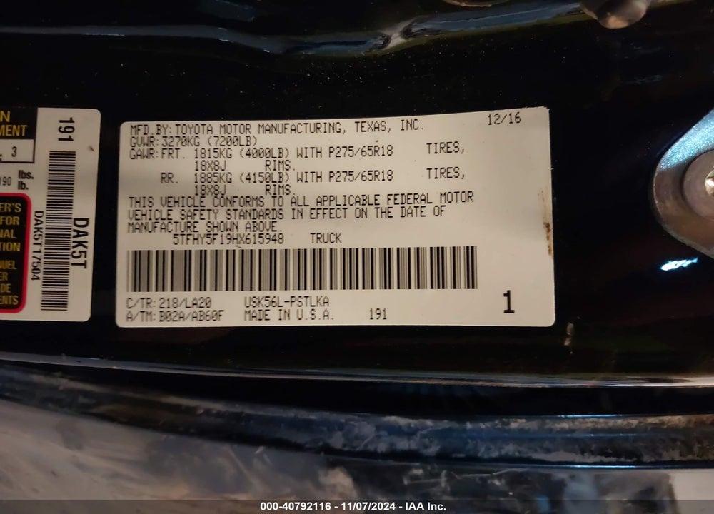 2017 TOYOTA TUNDRA VIN: 5TFHY5F19HX615948