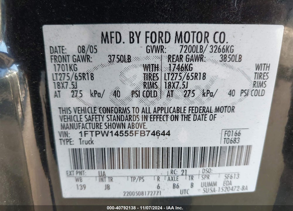2005 FORD F-150 FX4/LARIAT/XLT VIN: 1FTPW14555FB74644