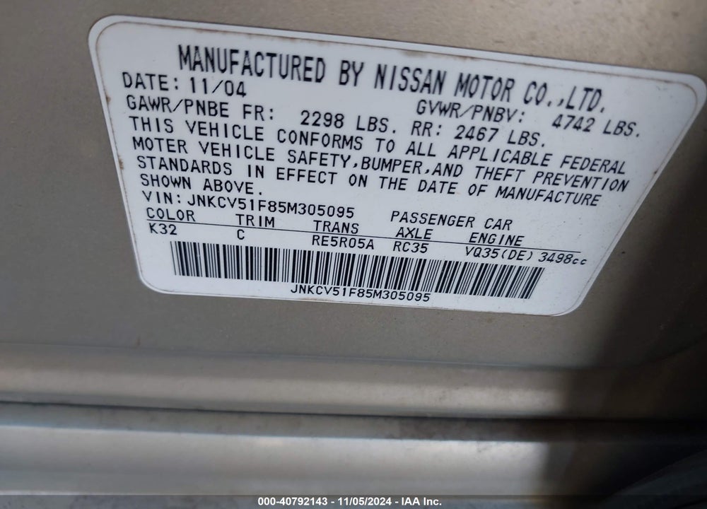 2005 INFINITI G35X VIN: JNKCV51F85M305095