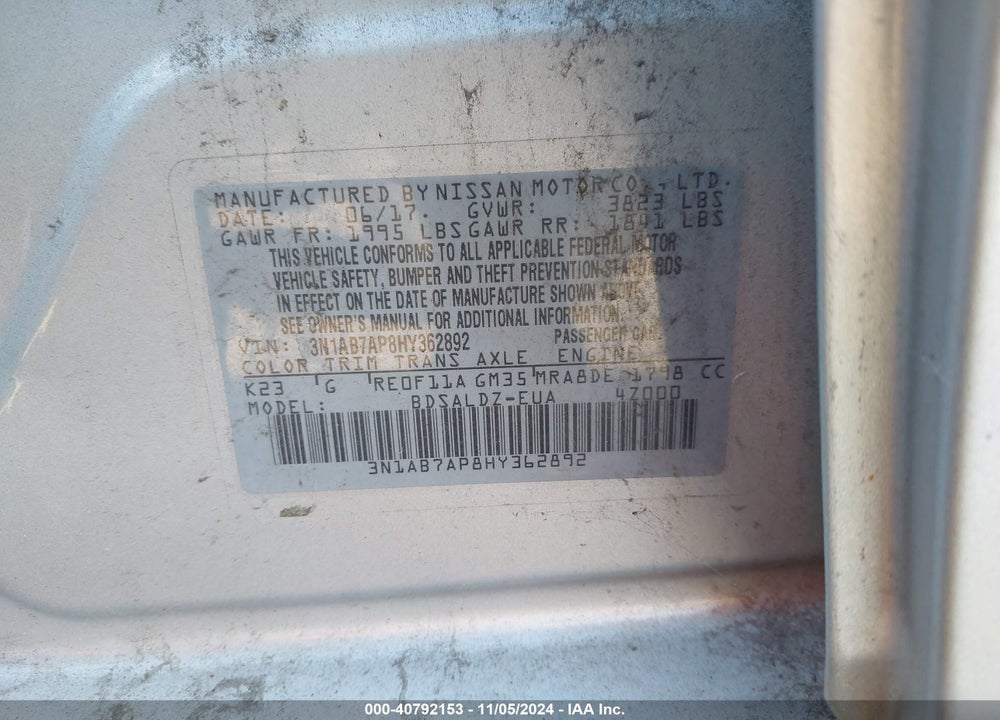 2017 NISSAN SENTRA SV VIN: 3N1AB7AP8HY362892