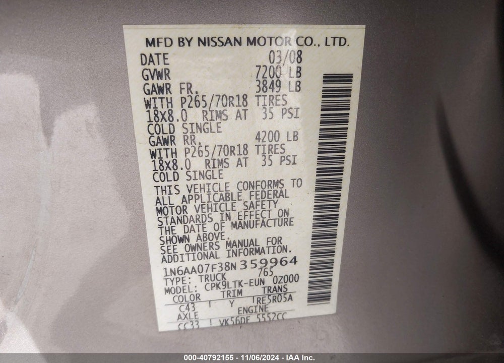 2008 NISSAN TITAN XE VIN: 1N6AA07F38N359964