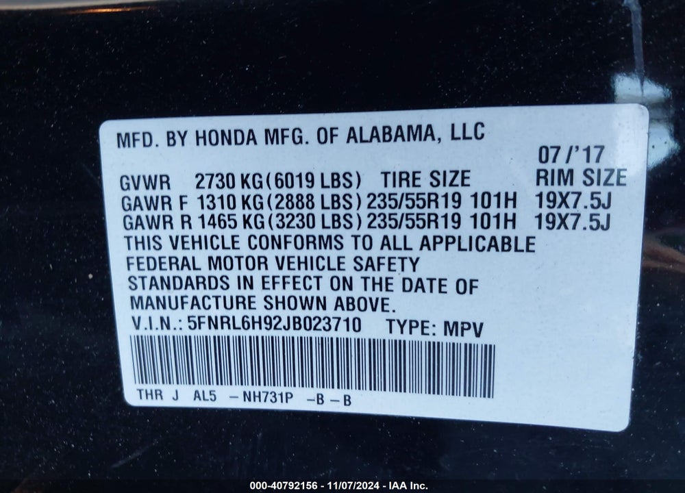 2018 HONDA ODYSSEY ELITE VIN: 5FNRL6H92JB023710