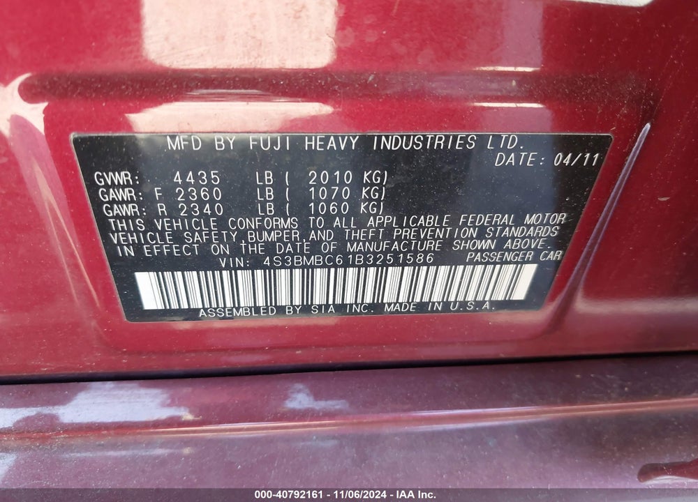 2011 SUBARU LEGACY 2.5I PREMIUM VIN: 4S3BMBC61B3251586