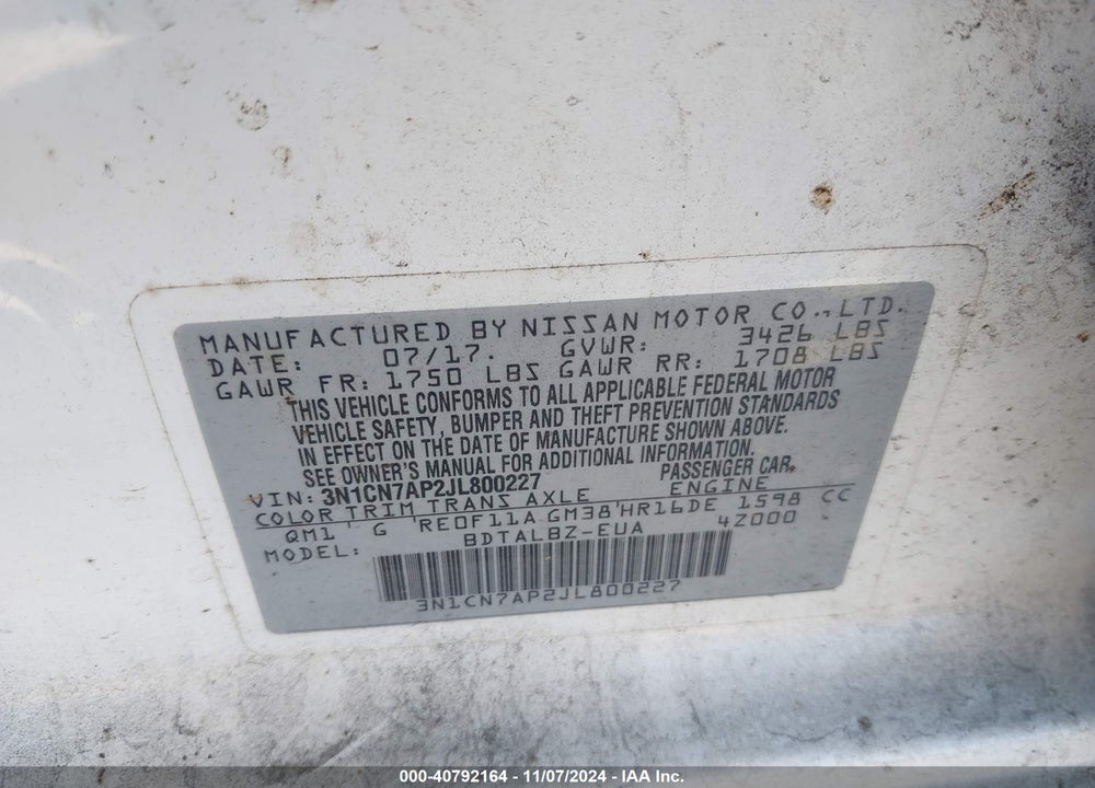 2018 NISSAN VERSA 1.6 SV VIN: 3N1CN7AP2JL800227
